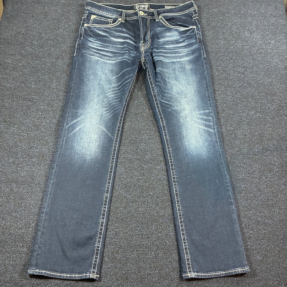 Salvage Supply Co Mayhem Straight Jeans Men 36R Dark Wash Distressed Buckle BKE